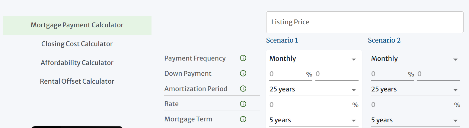 Mortgage Payment Calculator interface with Closing Cost, Affordability, and Rental Offset calculator tabs