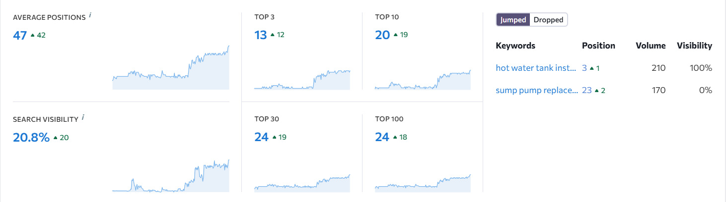Keyword ranking dashboard showing average positions, search visibility, and Top 3/10/30/100 keyword counts for the Victoria plumbing case study